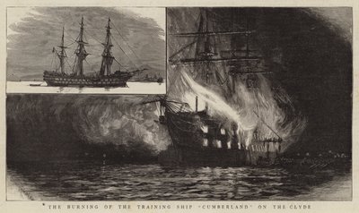 Das Brennen des Ausbildungsschiffs Cumberland auf dem Clyde von Charles William Wyllie